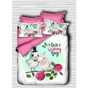 Set Posteljine sa Dvostrukim Prekrivačem u Bijeloj, Roza i Zelenoj Boji
