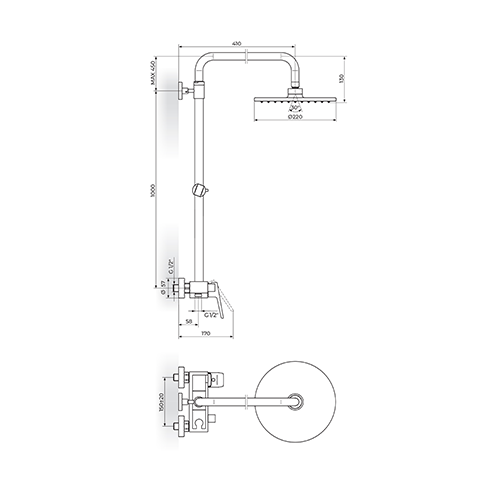 Rosan  STOLZ Baterija za tuš kadu sa usponskim tušem D.220mm slika 2