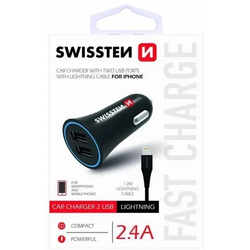 Swissten Auto punjač 2,4A 2X USB + kabl Lightning 1,2m crna slika 3