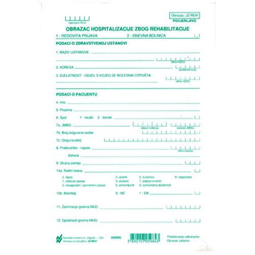 JZ-REH OBRAZAC HOSPITALIZACIJE ZBOG REHABILITACIJE (Obrazac JZ - REH); List, 14,8 x 21 cm slika 1