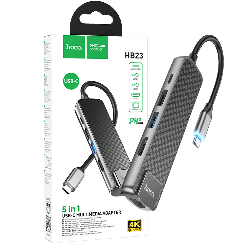 hoco. Konverter USB HUB type C to USB3.0/USB2.0/HDMI/RJ45/PD - HB23 Easy view slika 1