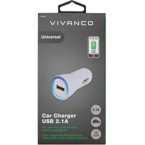 Auto punjač VIVANCO 36257, 2.1A USB, bijeli slika 1