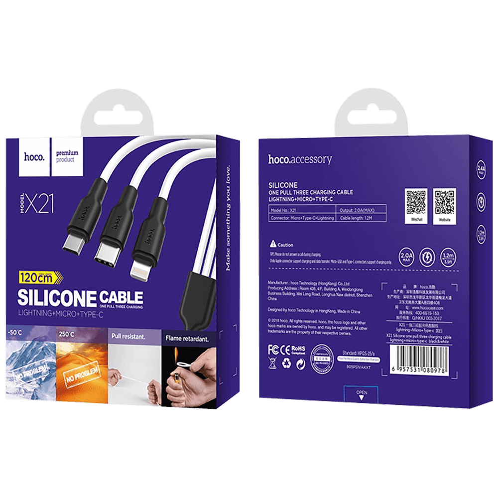 hoco. USB kabl, 3in1, microUSB, type C, Lightning, 1.2 met., 2 A - X21 Silicone 3in1, Black/White slika 2