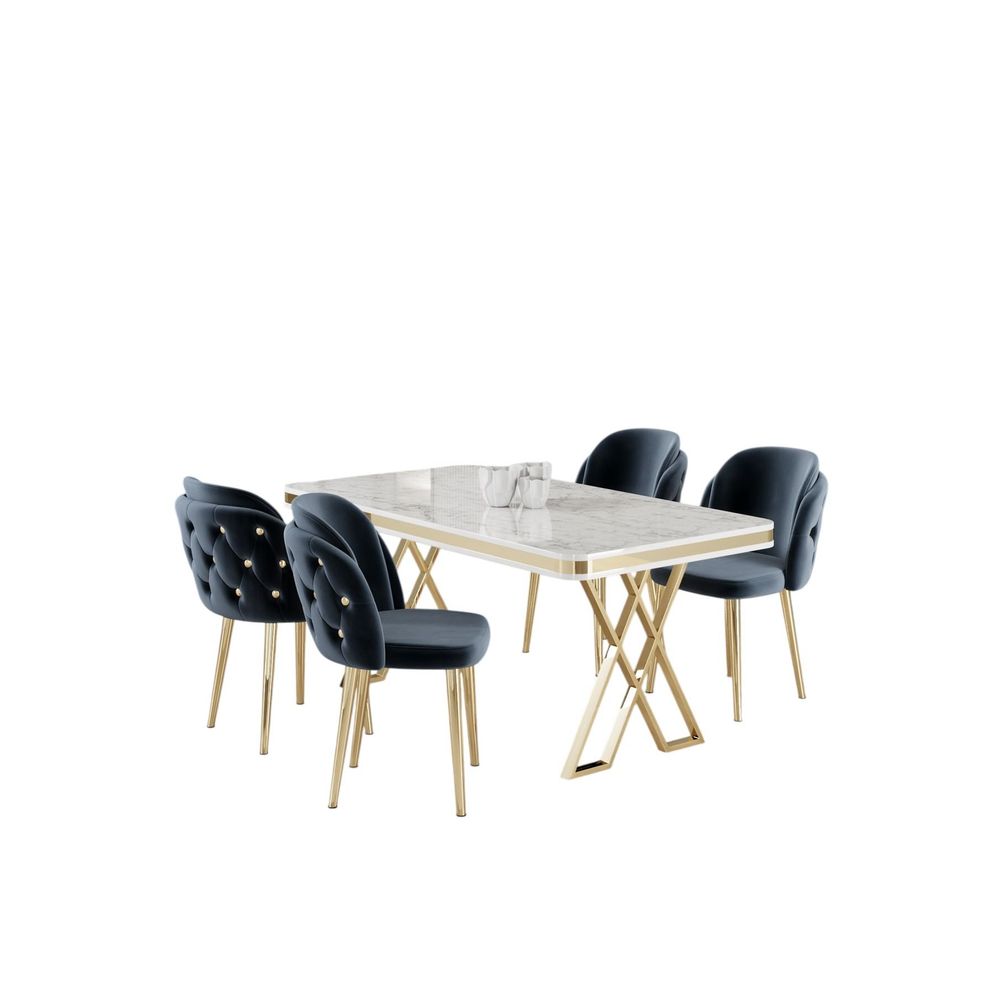Rigel - Set Trpezarijskog Stola i Stolica (5 Komada) u Bijeloj, Zlatnoj i Antracitnoj Boji slika 2