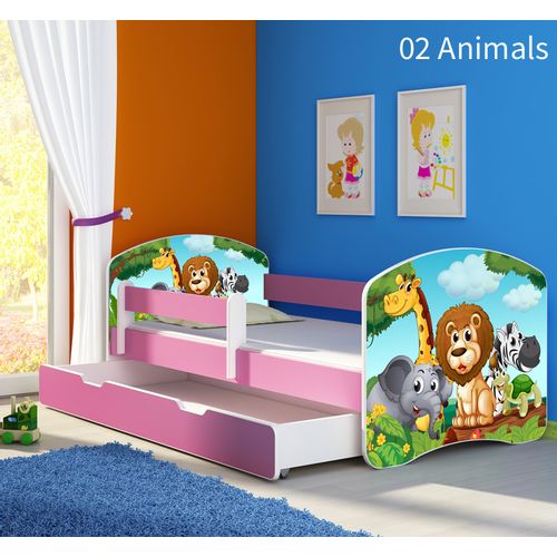 Dječji krevet ACMA s motivom, bočna roza + ladica 140x70 cm 02-animals slika 1