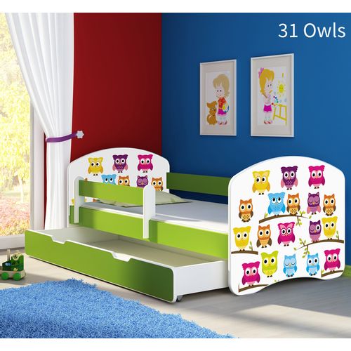 Dječji krevet ACMA s motivom, bočna zelena + ladica 180x80 cm 31-owls slika 1