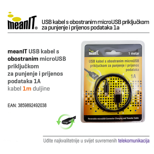 MeanIT USB A na USB micro kabl, FLIP, dužina 1.0 metar - USB / micro USB - 1m slika 2