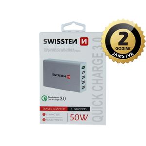 SWISSTEN punjač za AC220, 5xUSB, 50W, brzo punjenje, SMART IC, bijeli EOL