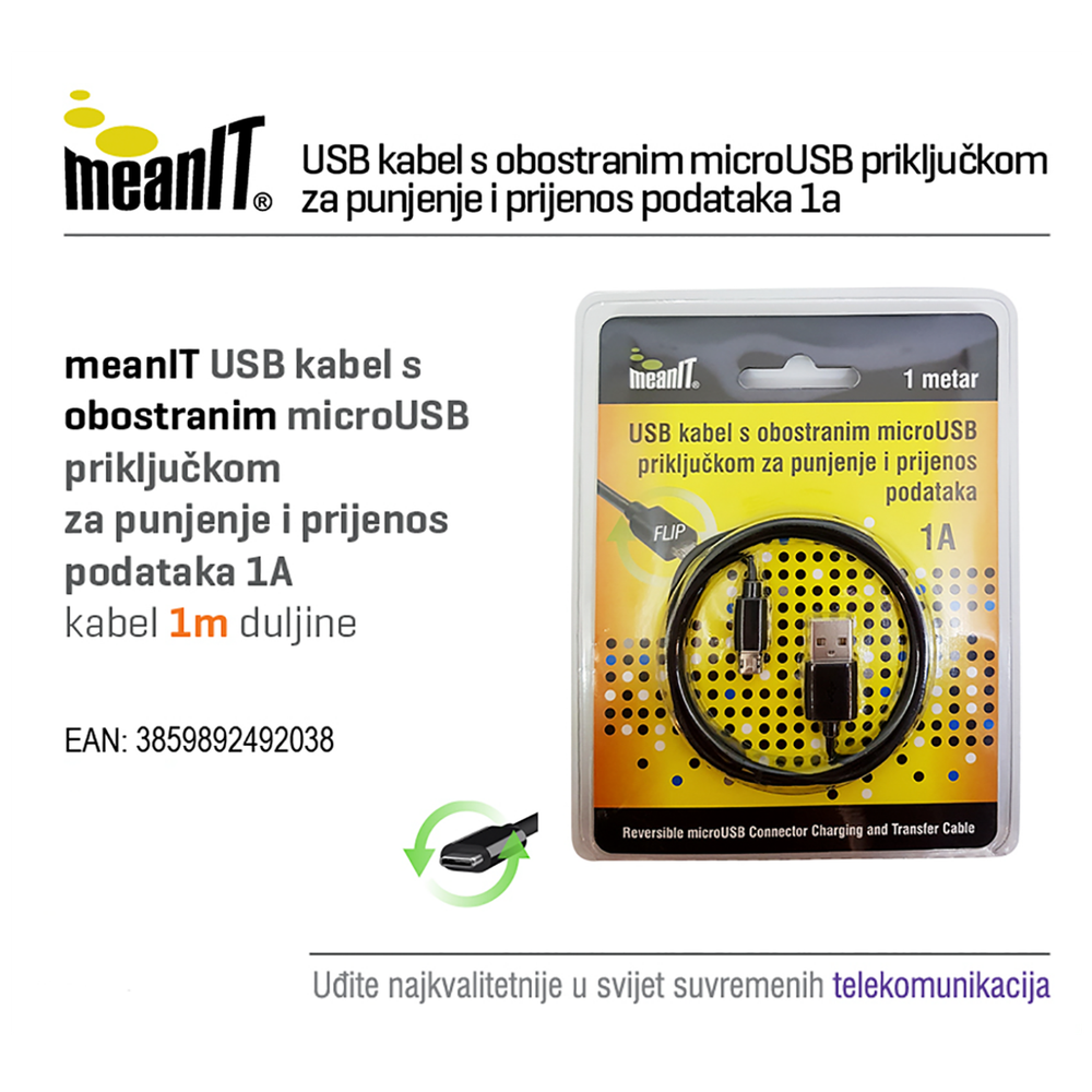 MeanIT USB A na USB micro kabl, FLIP, dužina 1.0 metar - USB / micro USB - 1m slika 2