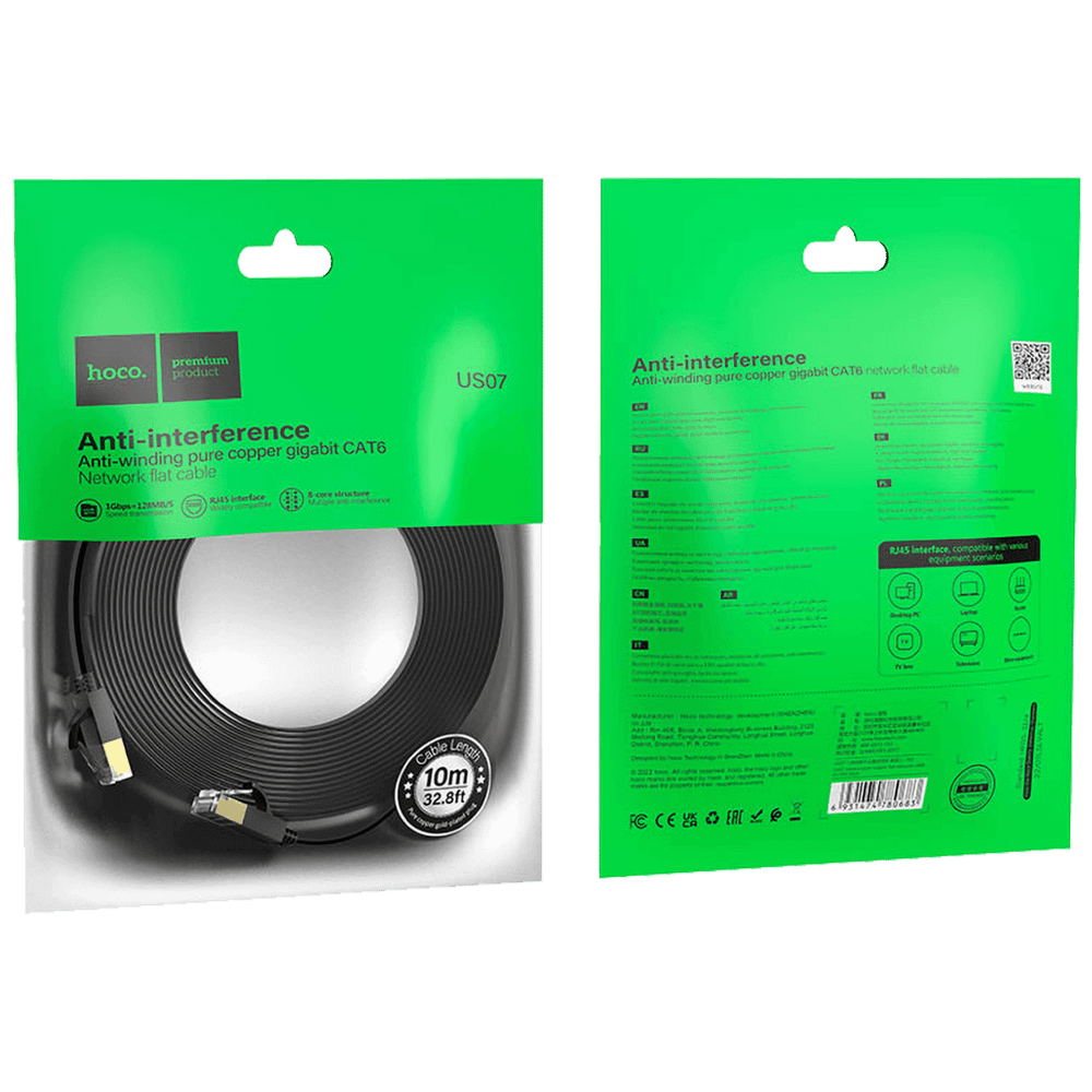 hoco. Mrežni kabl, CAT6, Gigabit Ethernet, flat, 10 met., crna - US07 General, 10 met. slika 4