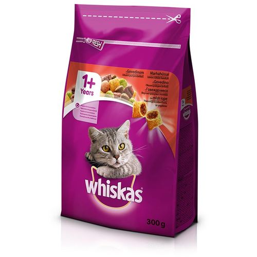 WHISKAS Suha hrana za mačke Govedina 1+, potpuna hrana za odrasle mačke, 300 g slika 1