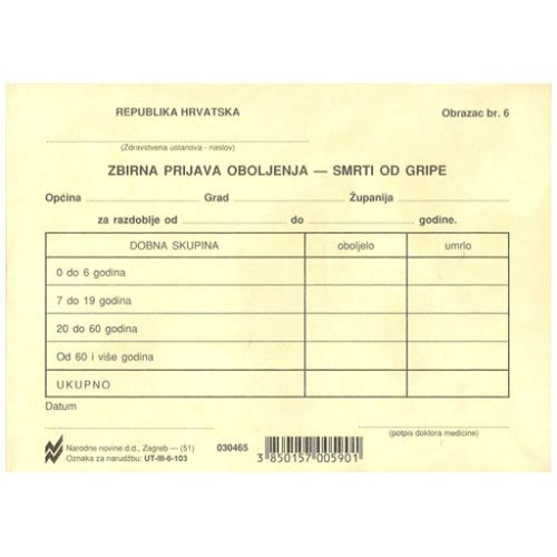 III-6-103 ZBIRNA PRIJAVA OBOLJENJA - SMRTI OD GRIPE (Obrazac 6); Kartica, 14,8 x 10,5 cm slika 1