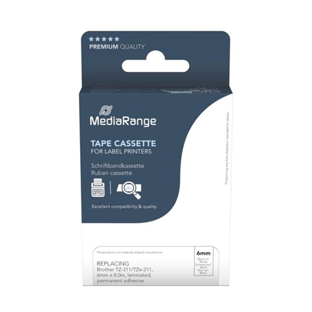 MediaRange Label Tape Cartridge, Replacing Brother TZ-221/TZe-221, 9mm, 8m, Laminated and Permanent Adhesive, Black on White slika 1