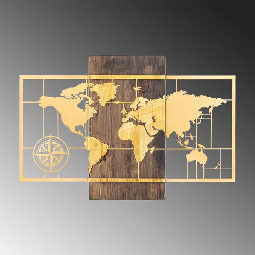 Wallity Drvena zidna dekoracija, World Map Wıth Compass - Gold slika 4