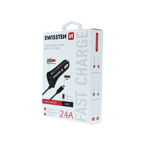 SWISSTEN punjač za auto, 1xUSB-C, 1xUSB + USB-C kabel, crni slika 2