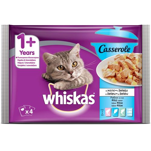 WHISKAS Multipack vrećice za mačke Casserole izbor ribe u želeu, potpuna hrana za mačke s lososom, s tunjevinom, s crnom koljom, s bijelom ribom, 4x85 g slika 1