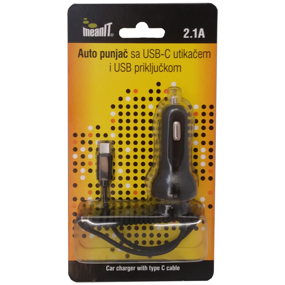 MeanIT Punjač, auto, sa USB i USB type C priključkom, 2.1A - AUTO PUNJAČ SA USB C slika 1