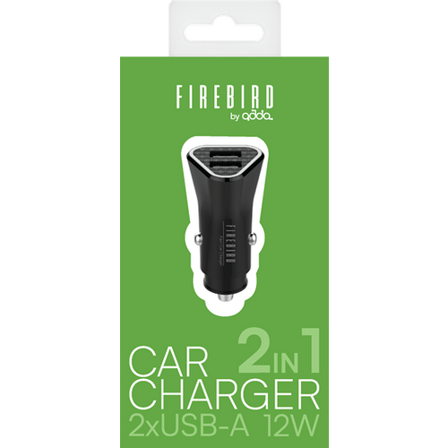 Auto punjač FIREBIRD by ADDA CC-004-BK, 2u1, USB-A, 12W, 2.4A, crni slika 1