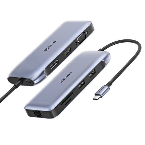 USB HUB UGREEN, USB-C na 2xUSB 3.0 A, HDMI, VGA, DP, RJ45 Gigabit, SD/TF, PD, sivi slika 1