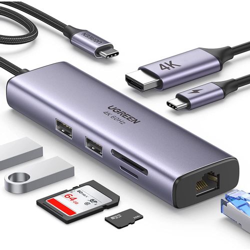 Ugreen 7-u-1 USB-C HUB HDMI+RJ45+čitač kartica+USB+PD 100W slika 1