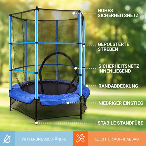 KLARFIT Rocketkid, 140 cm trampolin, unutarnja sigurnosna mreža, bungee opruge, plava slika 13