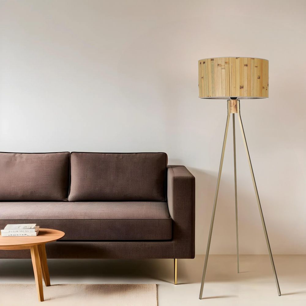 Fısco Tripod Eskitme Lambader Silindir Bambu 02 Abajurlu Oak Gold Floor Lamp slika 1