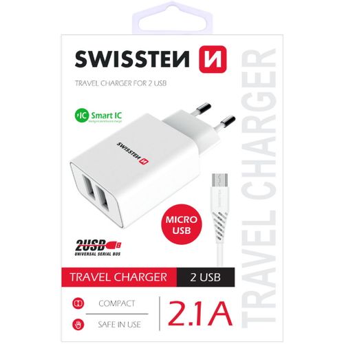 SWISSTEN punjač za AC220, 2xUSB, 2.1A, SMART IC, bijeli+ microUSB kabel slika 1