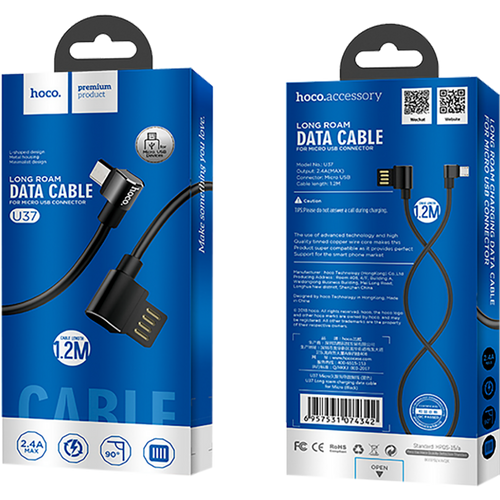 hoco. USB kabel za smartphone, micro USB, kutni 90°, 1.2 met,crna - U37 Long Roam, Micro USB , BK slika 2