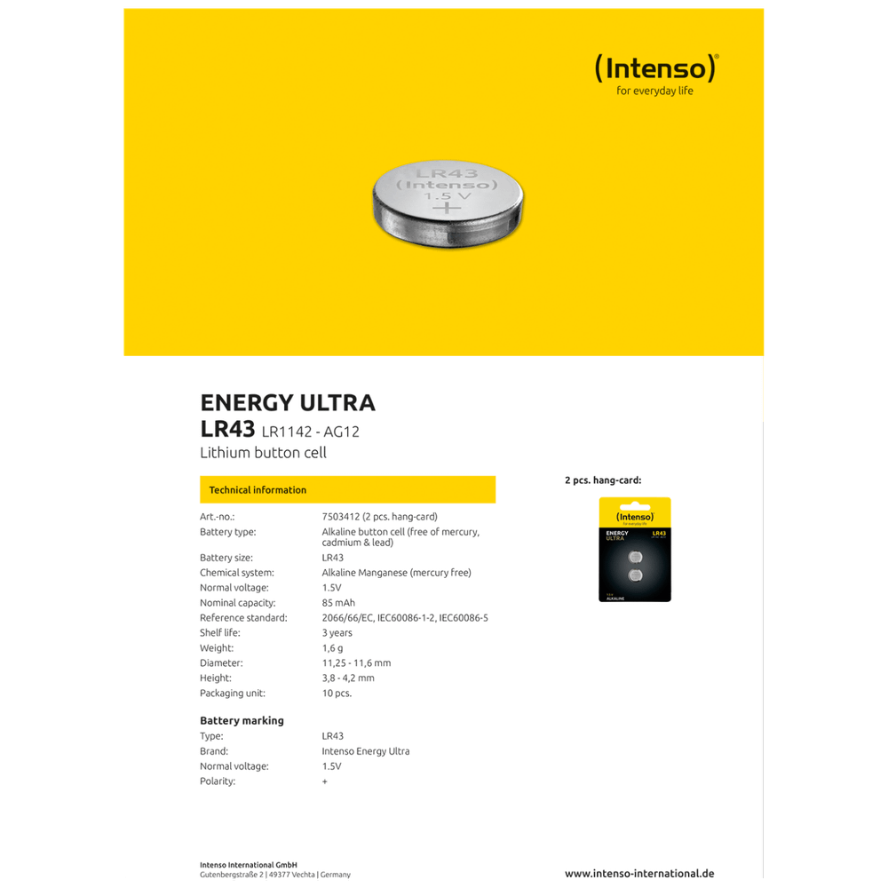 (Intenso) Baterija alkalna LR43/2, 1,5 V dugmasta, blister 2 kom slika 3