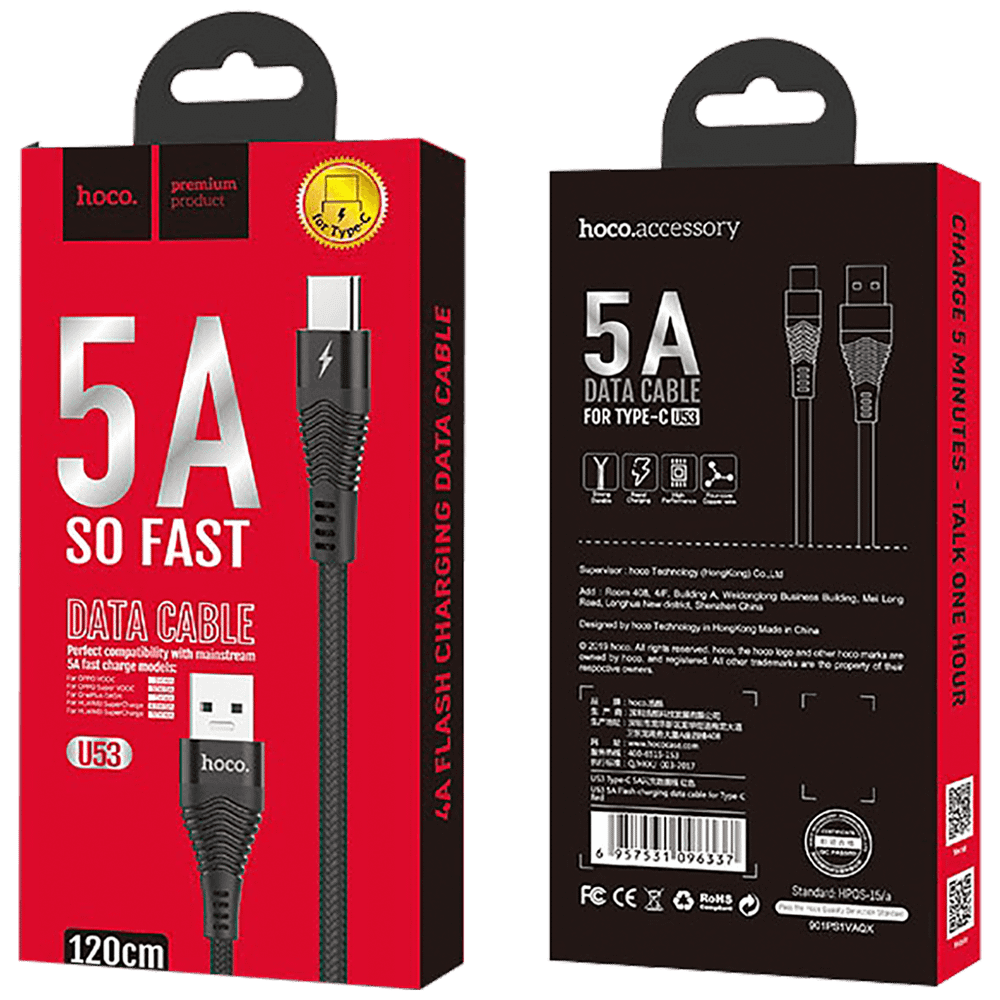 hoco. USB kabl za smartphone, USB type C, 1.2 met., 5 A, crna - U53 5A Flash slika 2