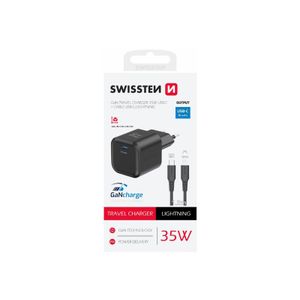 SWISSTEN punjač za AC220, GaN, 35W, 1xUSB-C, 3A, crni + Lightning kabel