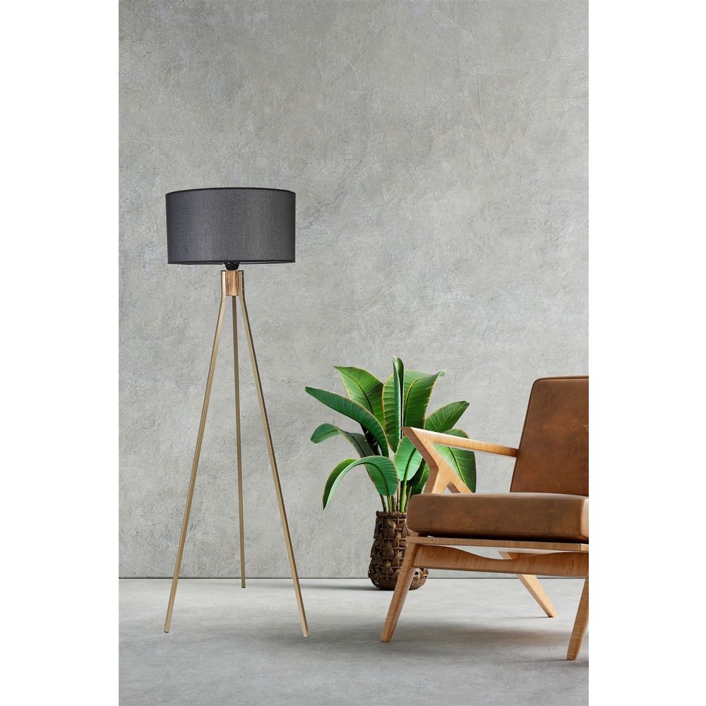 Podna lampa Fisco Tripod – cilindrični pleteni abažur, crno-zlatna slika 2