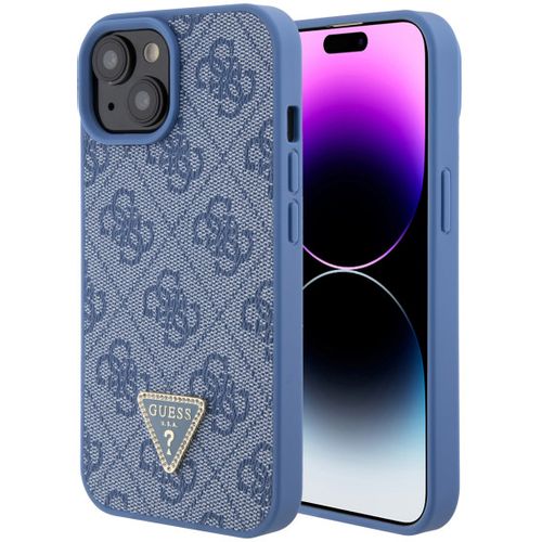 GUESS maska za iPhone 15 LEATHER 4G TRIANGLE STRASS BLUE slika 1