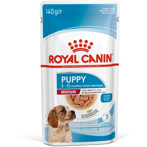 ROYAL CANIN SHN Medium PUPPY vrećice za pse 140 g, Potpuna hrana za pse, specijalno za štence srednje velikih pasmina (konačne težine od 11 do 25 kg) do 12 mjeseci starosti, 2 PAKIRANJA x (4+1 vrećica Gratis) slika 1