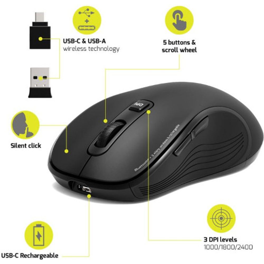 Port miš ESSENTIEL WL+BT, USB-C, punjivi, crni 910010 slika 1