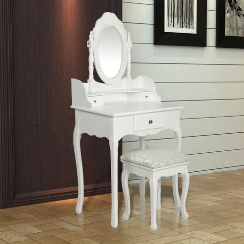 Toaletni stolić s ogledalom i stolcem bijeli slika 4