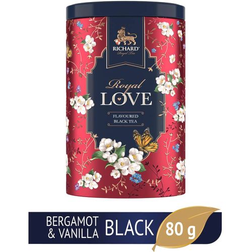 RICHARD TEA ROYAL LOVE - Crni cejlonski čaj sa korom citrusa, laticama cveća i bergamot vanilom u metalnoj kutiji, rinfuz 80g RED 160333 slika 1