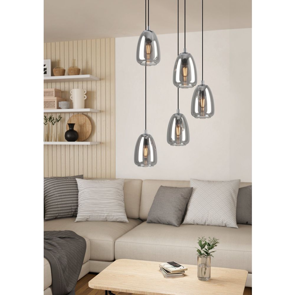 Eglo viseća lampa alobrase e27 5x40w krom/crno-prozirno v:1500mm o540mm slika 5