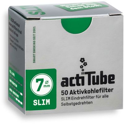 'actiTube' filteri SLIM s aktivnim ugljenom koji filtrira štetne tvari - 50 komada u pakiranju 
SLIM verzija - idealna za motanje u king slim ili rolicu
Promjer: 7mm
