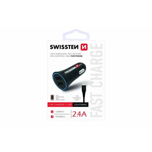 Swissten Auto punjač 2,4A 2X USB + kabl Lightning 1,2m crna slika 3