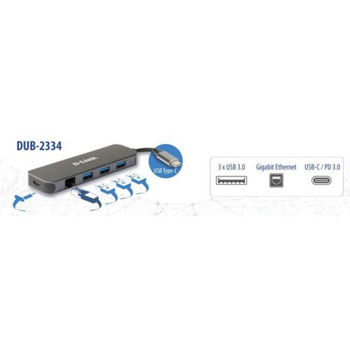  D-Link USB HUB DUB-2334 5in1 USB-C - USB3.0x3/GLAN/PD slika 2