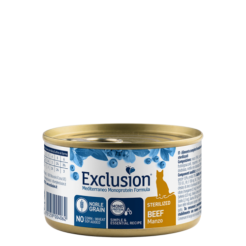 Exclusion Mediterraneo Monoprotein Formula, Sterilised, potpuna hrana za odrasle sterilizirane mačke, govedina, 85 g slika 1