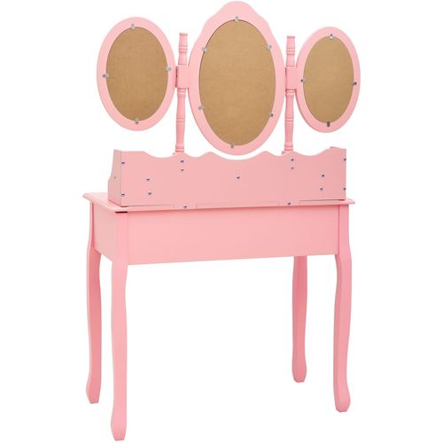 Toaletni stolić sa stolcem i trostrukim ogledalom ružičasti slika 15