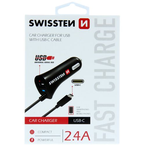 Auto punjac TIP C sa kablom+USB 2,4A, SWISSTEN slika 1