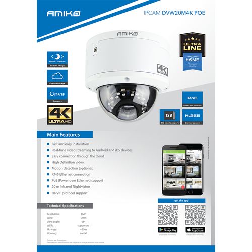 Amiko Home Kamera IP 8MP, 4K, SD utor, Lens 5mm, IR20 - DVW20M4K POE slika 2