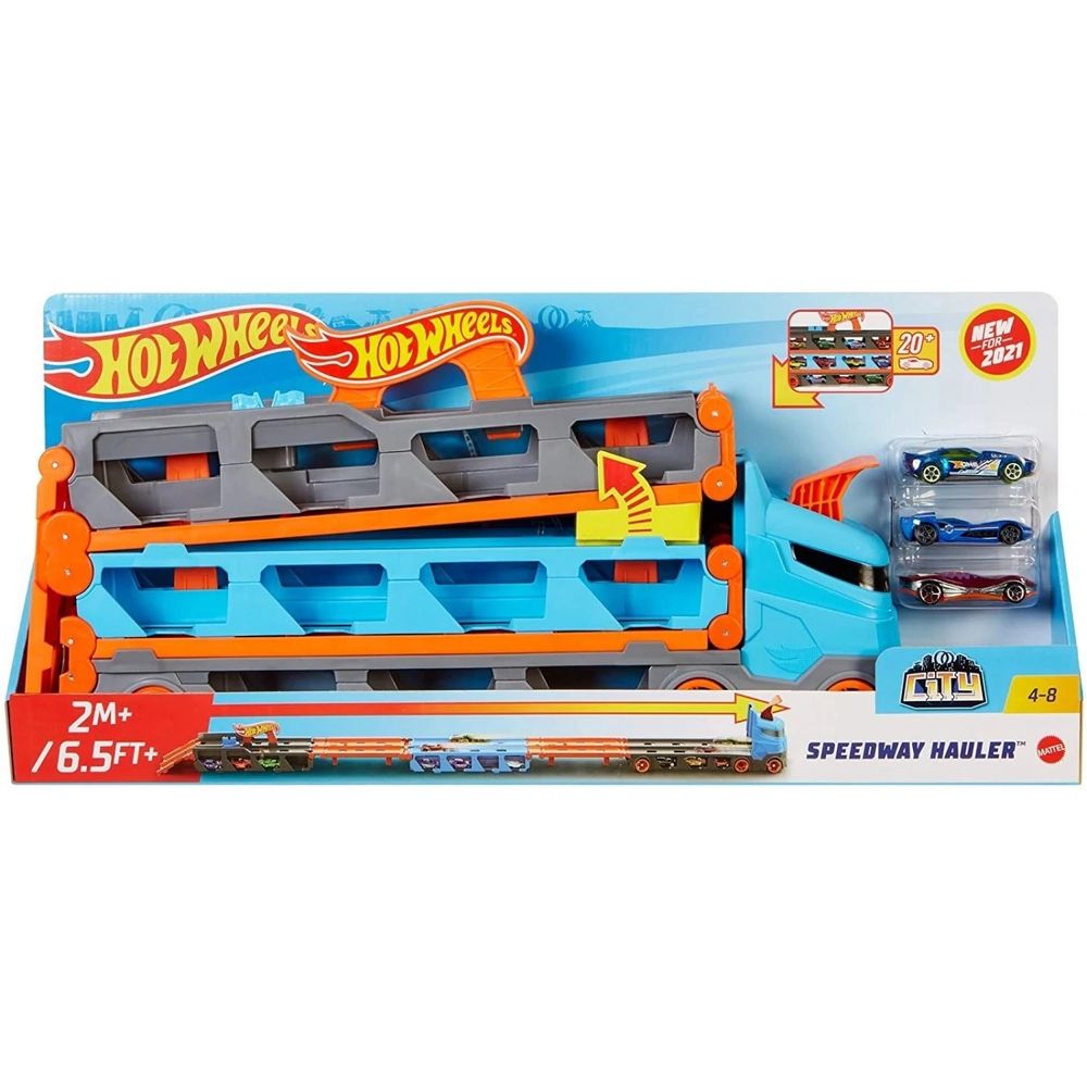 Hot Wheels City Speedway Hauler - Kamion staza sa tri autića slika 8