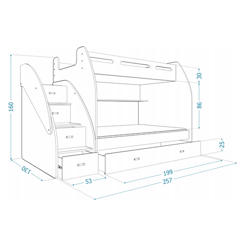 Drveni dječji krevet na kat Zuzia s ladicama 200*120 cm - bijeli slika 3