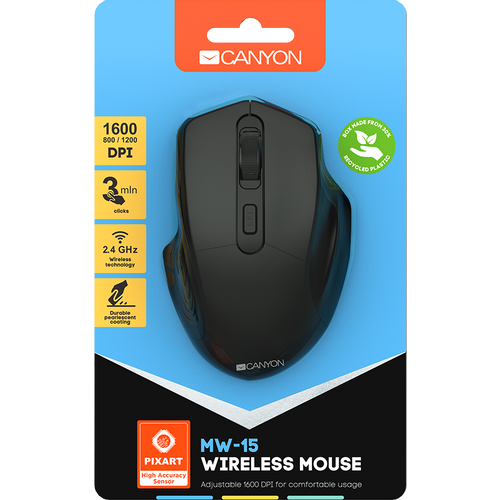 CANYON 2.4GHz Wireless Optical Mouse with 4 buttons, DPI 800/1200/1600, Black, 115*77*38mm, 0.064kg slika 6