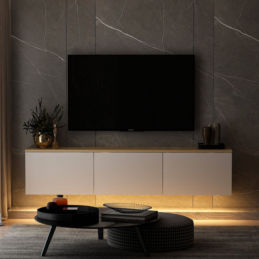 TV Stalak Neon - White v2 u Bijeloj Boji s Hrastovim Detaljima slika 2