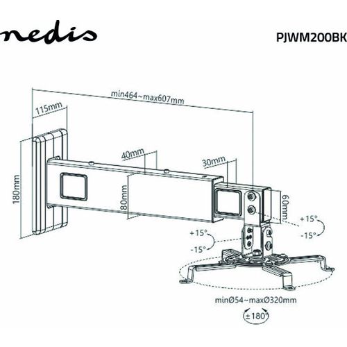 PJWM200BK univerzalni ZIDNI drzac projektora, 15kg, rotirajuci + tilt 30°, 464-607mm slika 3